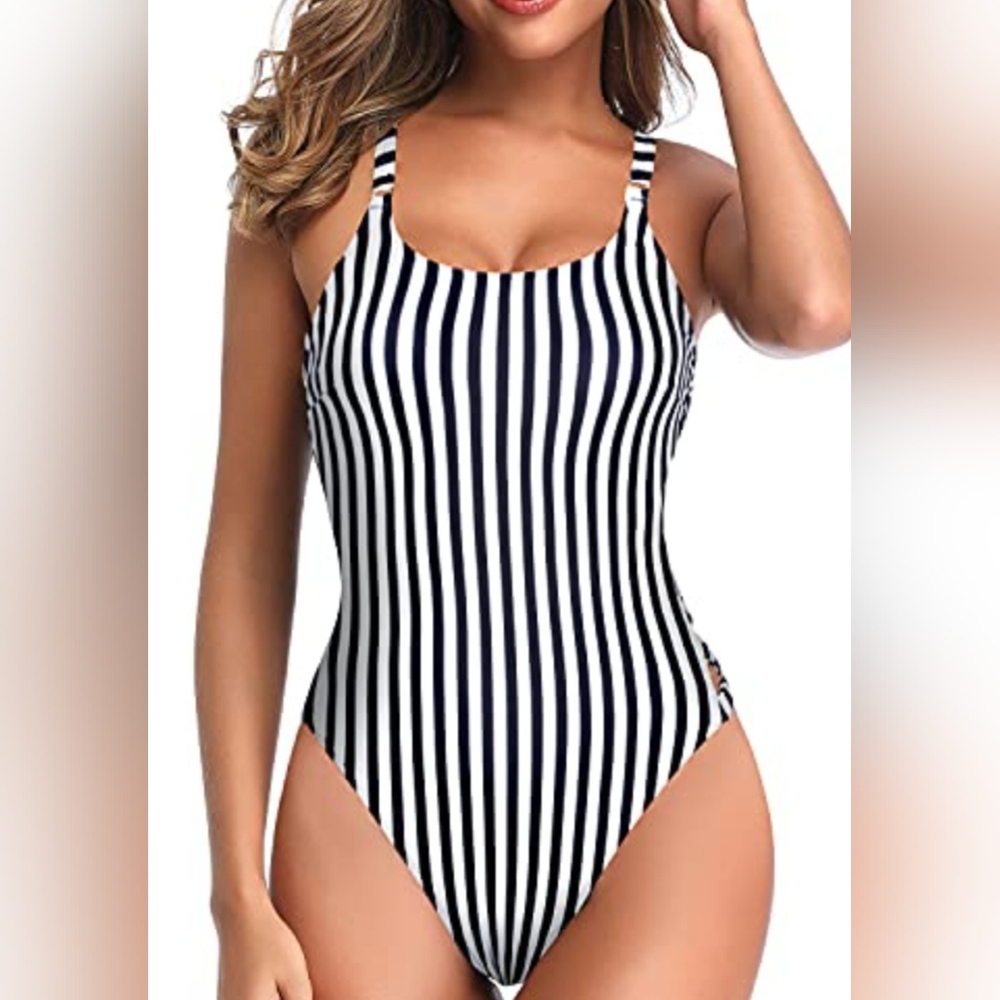 NWT. Tempt Me Balck And White Striped One-Piece Swimsuit With Sexy Side Lace-up - Picture 2 of 11